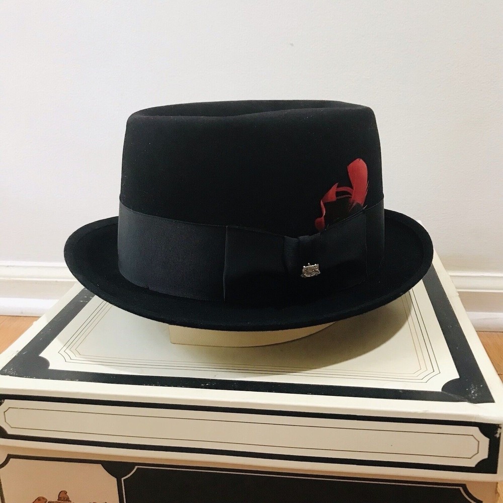 Vintage Stetson Pork Pie Hat 6 7/8 Black Red Feather Jazz Fedora Steampunk